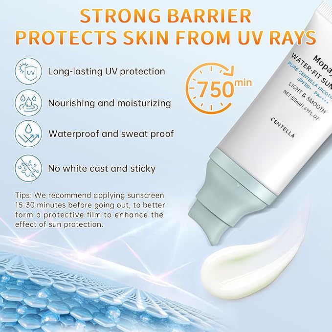 Centella Sunscreen SPF 50, Sunscreen for Face, Water Resistant Strong UV Protection No White Cast, Centella Madagascar Face Suntan Lotion Oil Free Korean Skincare(Green 1)