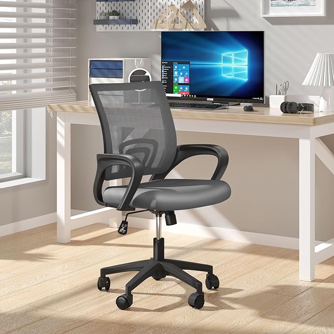 Home Office Chair, Ergonomic Mid-Back Mesh Desk Chair with Lumbar Support, Adjustable Swivel Rolling Design, Comfy Armrest for Work, Study, Gaming, Vanity (Light Gray, Double Chair)