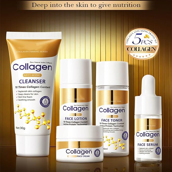 Collagen Skin Care Set - 5 Pcs Anti-Aging Facial Skin Care Sets & Kits for Women, Reduce Wrinkles & Fine Lines, Long-Lasting Oil Control, Firm Skin - With Cleanser, Toner, Serum, Face Cream & Lotion