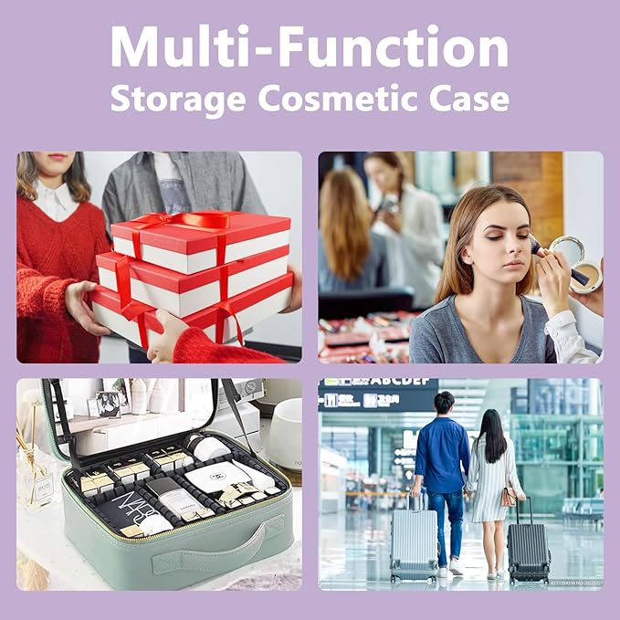 Makeup Bag with Led Mirror,Large Vanity Makeup Cases with 3 Color Setting,Portable Storage and Adjustable Dividers,for Women and Makeup Artists Cosmetic Organizer Travel Makeup Bag-Purple