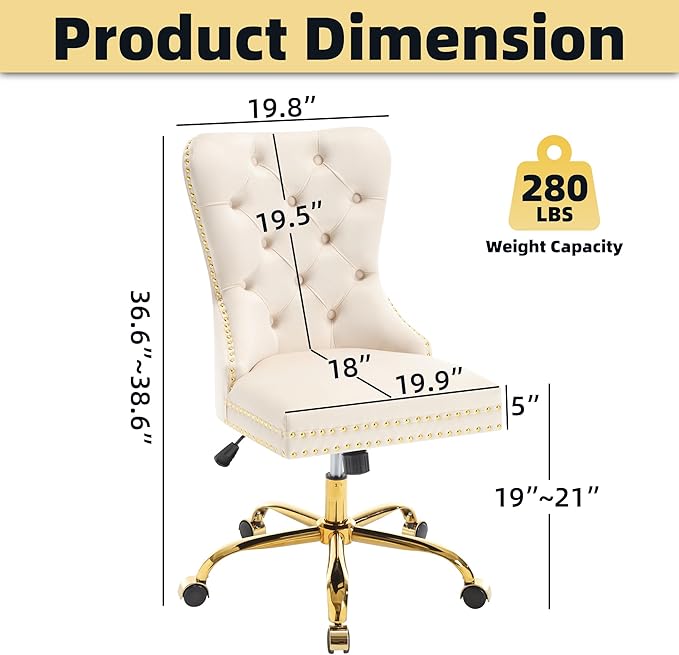 ABET Desk Chair with Wheels, Velvet Gold Office Chair Armless Swivel Chair with Tufted High Back Rivet Trim, Comfy Upholstered Ergonomic Computer Chair for Bedroom, Beige