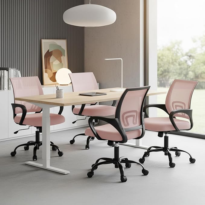 DUMOS Office Desk Chair - Ergonomic Mid Back with Lumbar Support & Rocking Mode, Height Adjustable with Fixed Armrest, for Computer, Gaming, Conference, Meeting Room, 360° Swivel, Pink