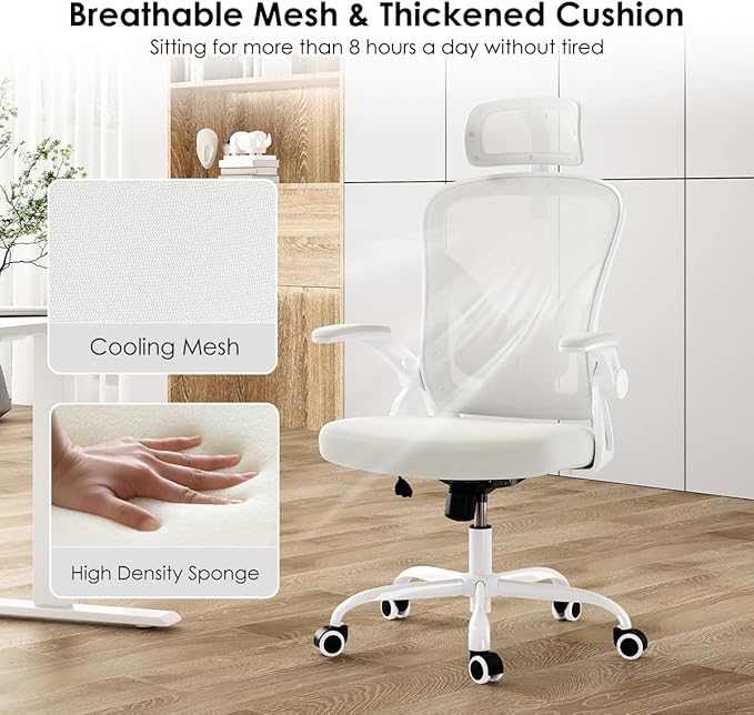 Farini Ergonomic Office Chair, Home Office Desk Chair with Headrest, High Back Swivel Computer Chair with Armrests and Adjustable Lumbar Support for Home Office Study Room, White & White