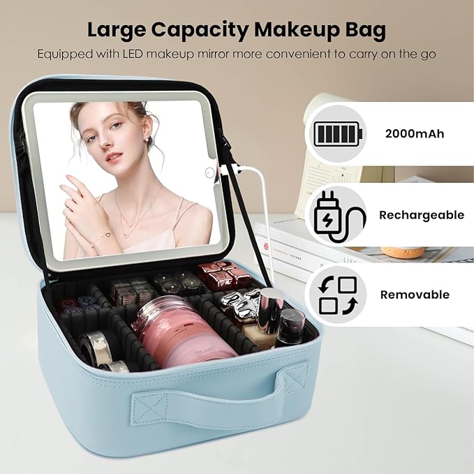 Travel Makeup Bag with LED Mirror and Light Travel Makeup Case Cosmetic Organizer Portable Cosmetic Brush Organizer Bag with Adjustable Dividers for Cosmetics Makeup Brushes Toiletry(Baby Blue)