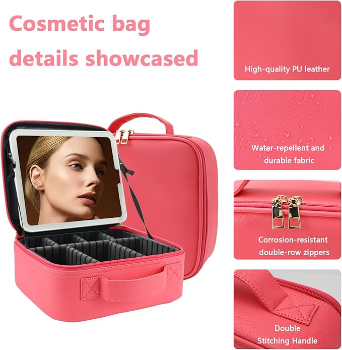 Makeup Bag with Led Mirror,Large Vanity Makeup Cases with 3 Color Setting,Portable Storage and Adjustable Dividers,for Women and Makeup Artists Cosmetic Organizer Travel Makeup Bag-Light Red