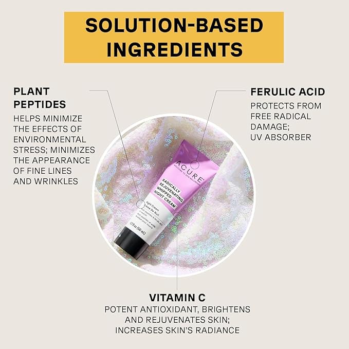 Acure Radically Rejuvenating Whipped Night Cream - Anti Aging Peptide Night Face Cream for Women & Men, Hydrating & Renewing Moisturizer for Fine Lines and Dark Spots with Vitamin C - 1.7 fl oz