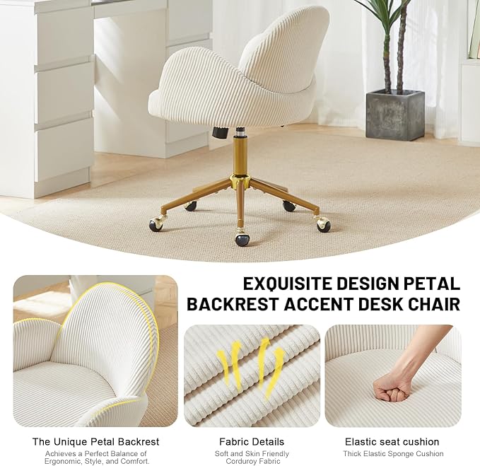 Home Office Chair with Petal Backrest, Corduroy Upholstered Desk Chair with Adjustable Swivel Wheels, Ergonomic Chairs for Living Room, Bedroom, Office, Study, Flower Cute Girls Vanity Chair(Beige)