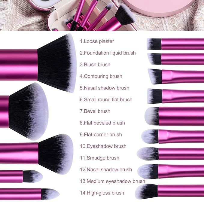 BS-MALL Makeup Brushes Set 14 Pcs with LED Light Mirror – Premium Cosmetic Tools for Flawless Beauty Routines (Purple)