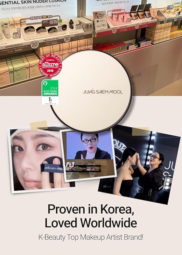 JUNG SAEM MOOL Essential Skin Nuder Cushion | Natural Finish, Buildable Coverage Cushion Foundation by Korean Makeup Artist (Refill Included, SPF 50 | Gift Set with Mool Cream & Puff), 23 Medium Deep
