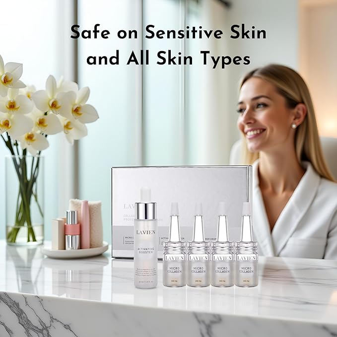 Lavien Collagen Ampoule Professional Program - Activating Booster, Ceramide, Elastin, Hyaluronic Acid, All Skin Types - 30ml Booster Bottle, 4-200mg Collagen with Dropper