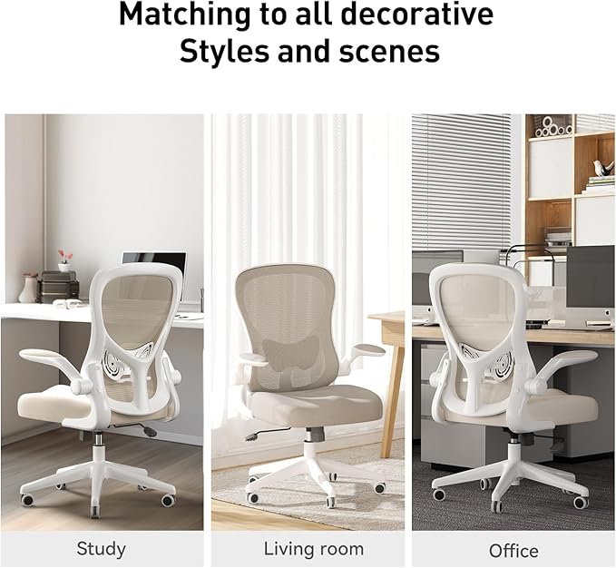 Hbada Office Chair Ergonomic Desk Chair, Office Desk Chairs with PU Silent Wheels, Breathable Mesh Computer Chair with Adjustable Lumbar Support, Flip-up Armrests, Tilt Function, Grey