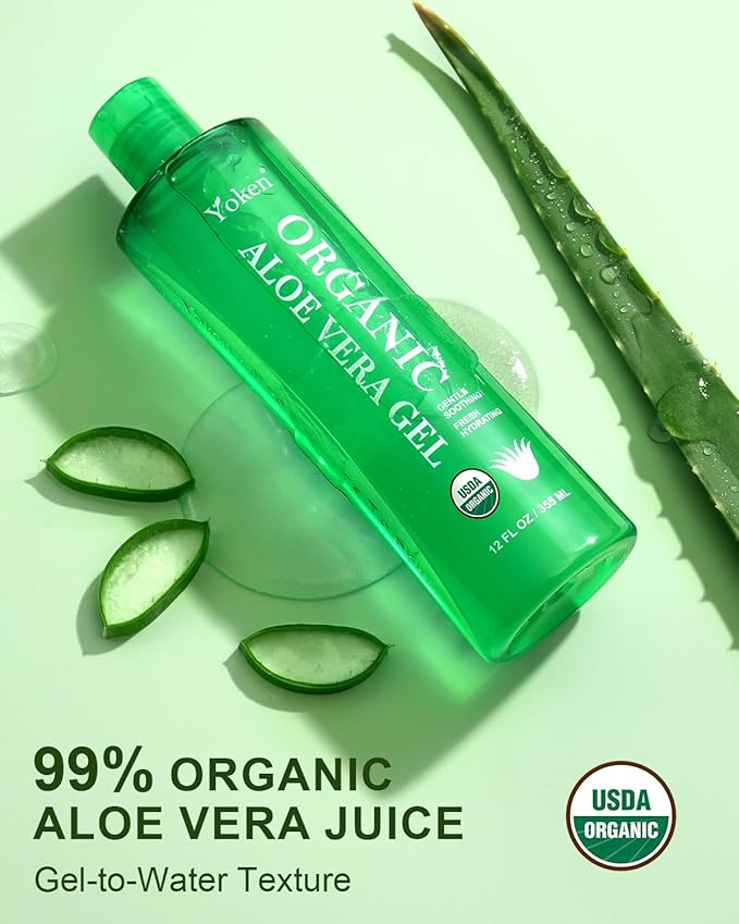 USDA Certified Organic Aloe Vera Gel 12oz, 99% Pure Aloe Vera Juice, Gel-to-Water Texture, Alcohol Free, No Added Fragrance, Face Body Hair Care, Cooling & Refreshing Summer Skincare