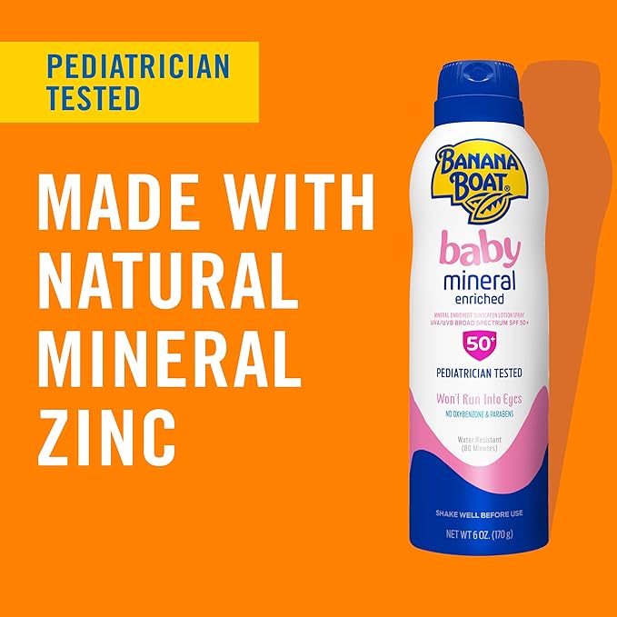 Banana Boat Baby Mineral Enriched Sunscreen, Won't Run Into Eyes, Broad Spectrum Sunscreen Lotion Spray, SPF 50, 6oz. (Pack of 2)