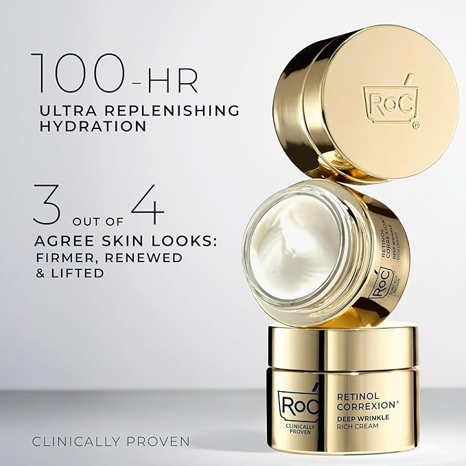 RoC Deep Wrinkle Rich Cream, Fragrance Free, Daily Anti-Aging Firming Cream For Persistent Dryness & Younger-Looking Skin For Women & Men, With Line Smoothing Eye Cream Packette, 1.7oz