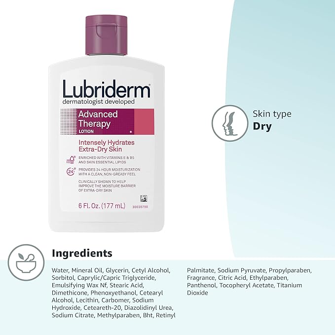 Lubriderm Advanced Therapy Fragrance-Free Moisturizing Hand & Body Lotion + Pro-Ceramide,Intense Hydration for Itchy,Extra Dry,& Sensitive Skin,Non-Greasy,Hypoallergenic,6 fl. oz,(Pack of 2)