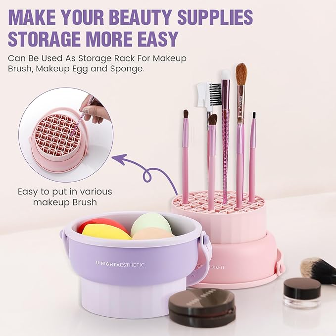 2 Pack Makeup Brush Cleaner Mat 3 in 1 Silicone Makeup Brush Cleaning Bowl Makeup Brush Sponge Scrubber Tool for Cleaning, Storage and Upside Down Drying, (Two Purple)