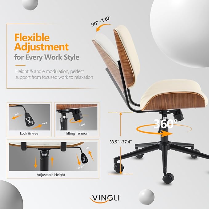 VINGLI Wide Curved Seat&Back Armless Home Office Chair,Ergoromic Adjustable-Height Desk Chair,Swivel&Tilting Function,Stylish Walnut Task Chair for Meeing Room,Dining Room,PU,Khaki