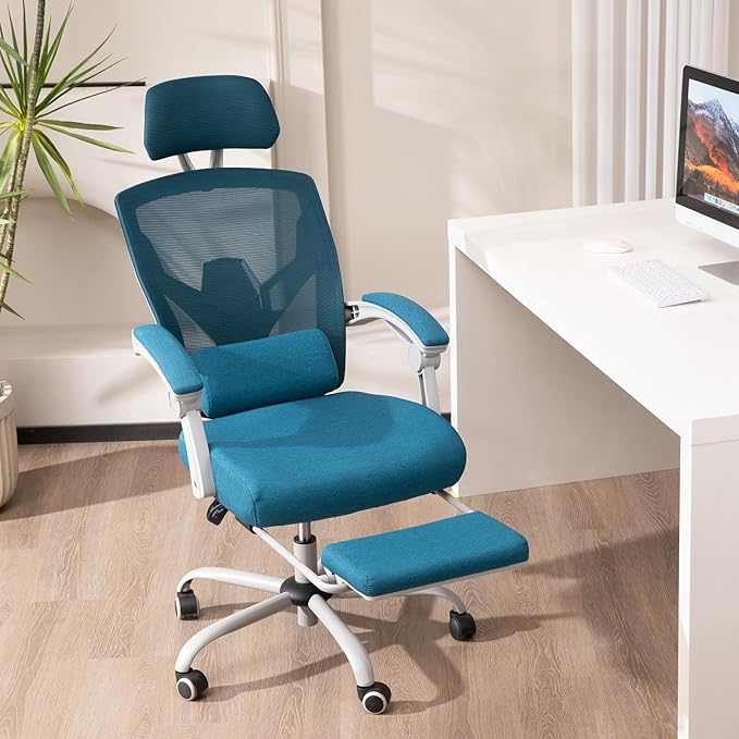 Sweetcrispy Office Computer Desk Chair, Ergonomic High-Back Mesh Rolling Work Swivel Chairs with Wheels, Comfortable Lumbar Support, Comfy Arms for Home, Bedroom, Study, Student, Blue