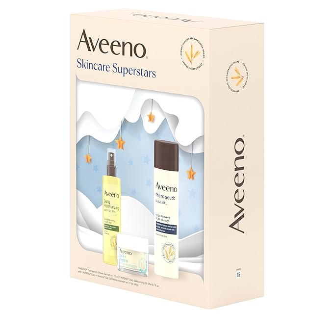 Aveeno Skin-care Superstars Gift Set with Calm + Restore Oat Gel Facial Moisturizer, Daily Moisturizing Body Oil Mist, & Therapeutic Shave Gel for Smooth Skin, 3 items