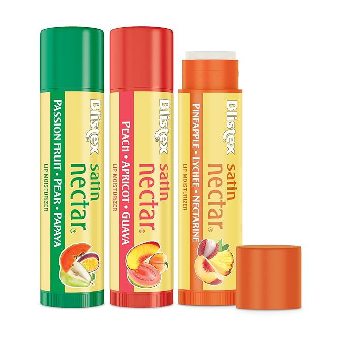 Blistex Satin Nectar Lip Balm, 0.15 oz, 3 Count, Lip Moisturizer Variety Pack, Moisturizes and Comforts Dry Lips, Refreshing Flavor Blend, Easy Glide Formula for Full Coverage, 1 Pack