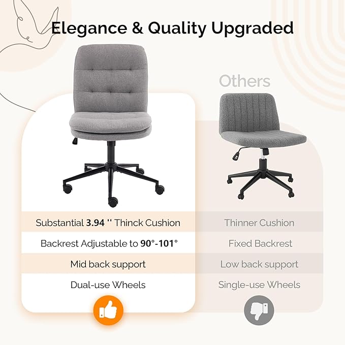 VINGLI Mid Back Armless Office Desk Chair with Wheels/no Wheels,360°Rocking Swivel Vanity Chair with Thickened Cushion,Adjustable Height Rolling for Reading Room, Make up, Linen Dark Grey