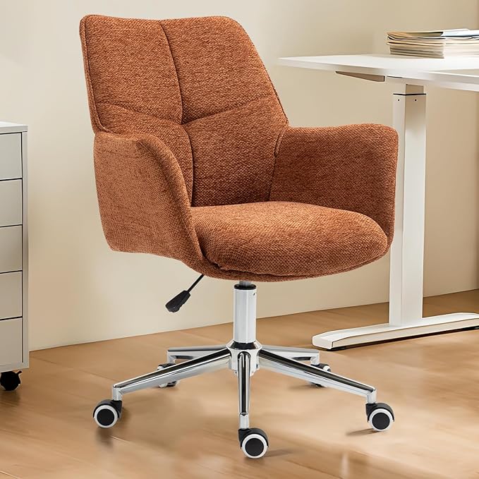Home Office Desk Chair Swivel Ergonomic Computer Chair with Rolling Wheels, Adjustable Height Accent Armchair Upholstered Chenille for Living Room, Home Office, Study, Make Up, Orange
