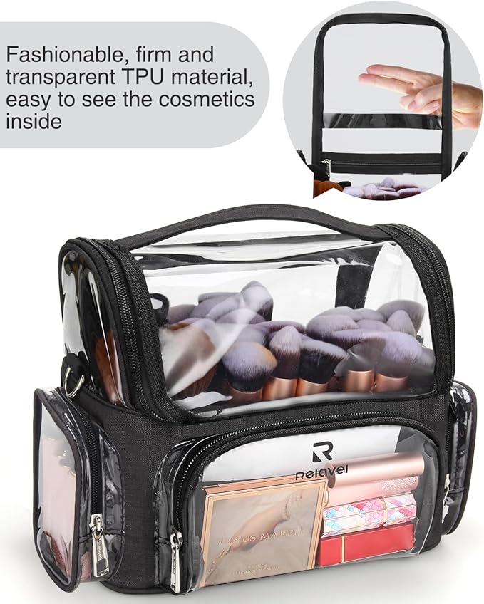 Makeup Brush Bag With 4 Mini Pouches, Makeup Brush Holder Professional Makeup Artist Travel Case Clear Waterproof Cosmetic Organizer Bag, with Adjustable Strap and Dividers