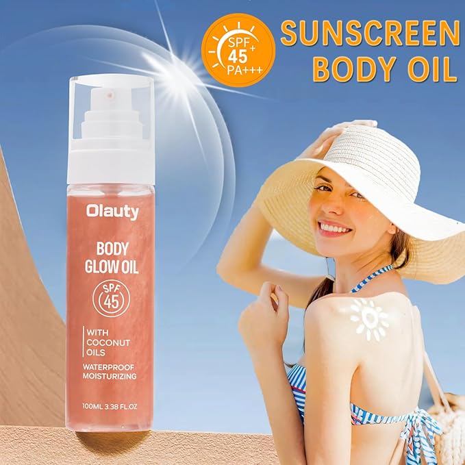 Body Glow Oil,SPF 45,Sunscreen Body Oil,Lightweight Glowing Lotion,Moisturizing Coconut Oils,Waterproof Non Sticky Texture Easy Absorb Shimmer Skin Moisturizer Beach Travel Essentials (#02 Rose)
