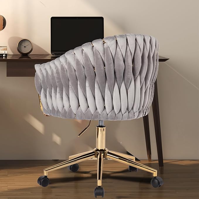 Velvet Office Chair with Hand Woven Back, Vanity Desk Chairs with Golden Wheels, Swivel Home Office Desk Chair, Accent Makeup Desk Chair for Bedroom, Living Room(Grey)