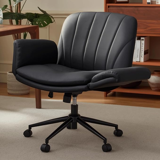Dowinx Criss Cross Chair with Five-Level Adjustable Arms and Wheels - Comfortable Ergonomic PU Leather Swivel Vanity Chair - Computer Makeup Gaming Chair for Home Office, Bedroom, Living Room (Black)