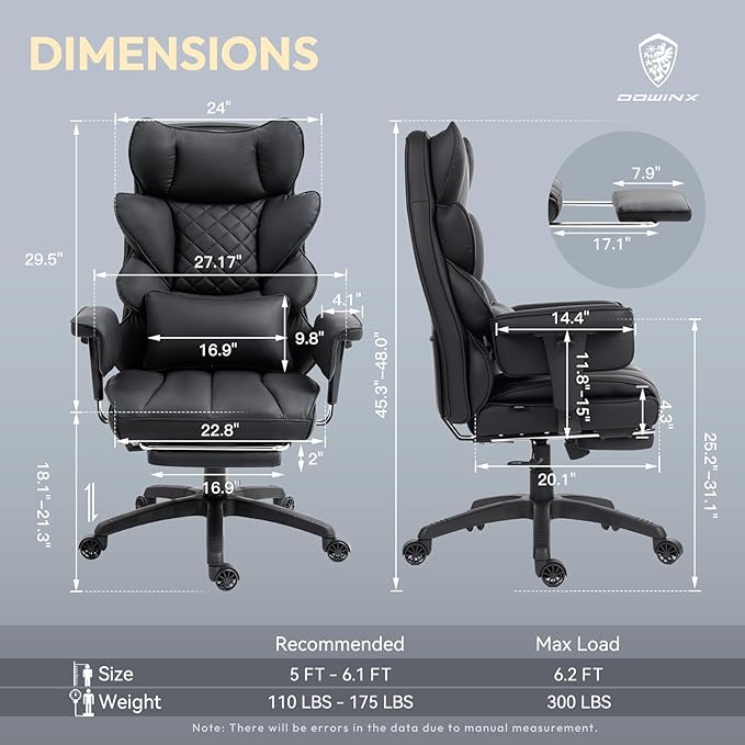 Dowinx Big and Tall Office Chair with Pocket Spring Cushion,High Back Computer Gaming Chairs with Adjustable Armrests,Executive Desk Chairs with Lumbar Support and Footrest,PU Leather-Black