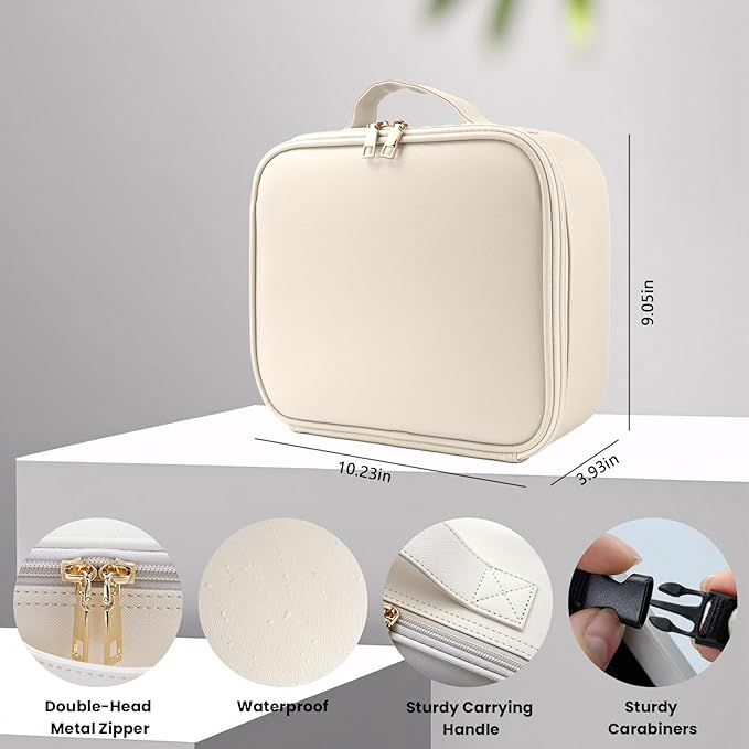 Travel Makeup Bag with LED Mirror and Light Makeup Travel Bag Organizer Portable Cosmetic Brush Organizer Bag with Adjustable Dividers for Cosmetics Makeup Brushes Toiletry (White)