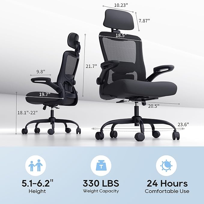 Ergonomic Office Chair, High Back Mesh Desk Chair with Adjustable Lumbar Support & Headrest, Flip-up Armrest, Computer Task Chairs for Home and Executive Office (B-Black)