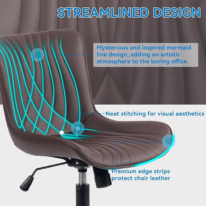 YOUNIKE Office Chair Brown, Armless Desk Chair with Wheels, Home Office Task Chairs, Modern Faux Leather Upholstered Adjustable Swivel Rocking Chair with Back