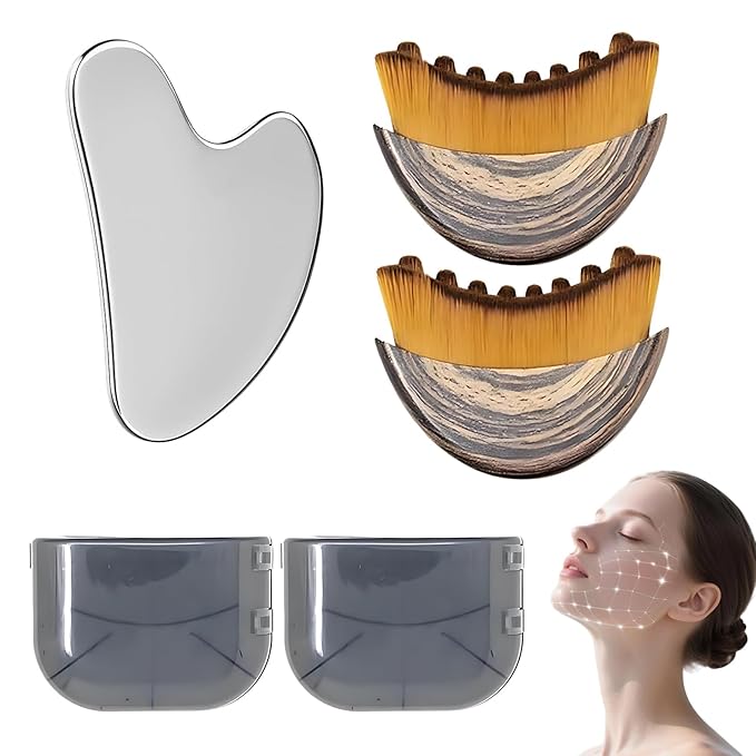 2 Pcs Lymphatic Contour Face Brush,Face For Lymphatic Drainage,Drainage Brush With 1pc Stainless Steel Gua Sha Tool For Jawline Sculpting Puffiness Lifting Relaxation With Storage Case
