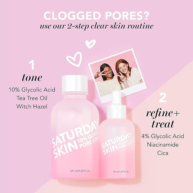 Saturday Skin Pore Clarifying Toner 10% Glycolic Acid&AHA Deep Cleansing and Pore Serum Active Treatment for Face 4% Glycolic Acid + Pore Care Complex Help Refine Skin’s Texture Sebum Control