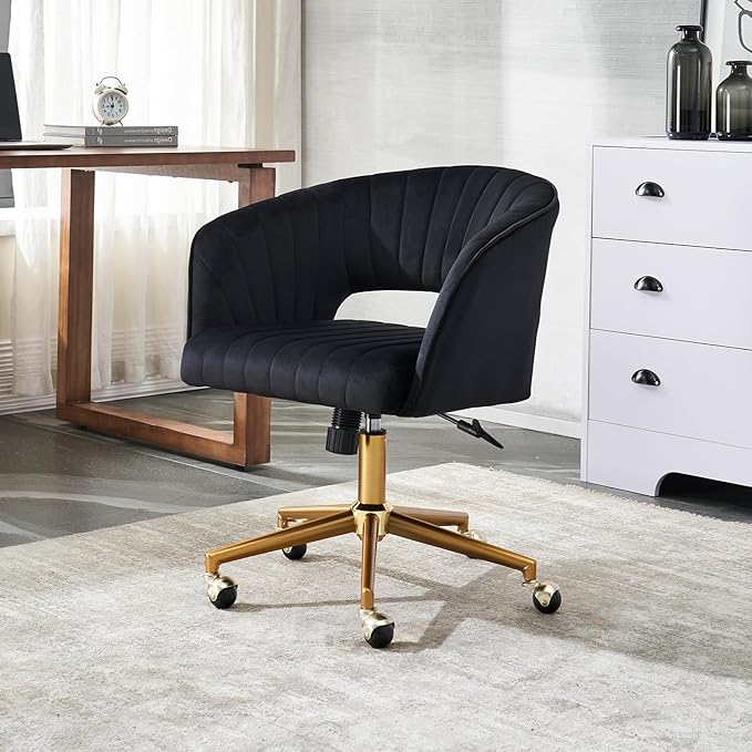 Vanity Chair with Back 360 Swivel Armchair and Gold Base, Criss Cross Chair with Wheels for Vanity Home Office, Living Room, Bedroom and Study (Black)