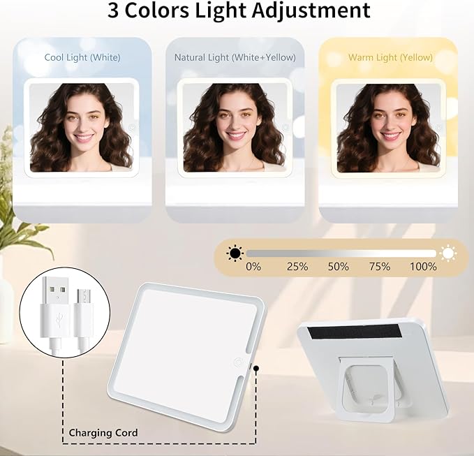 Travel Makeup Bag with LED Mirror 3 Color Modes,10.2-in White Vegan Leather Makeup Organizer Bag with Adjustable EVA Dividers and Independent Brush Panel