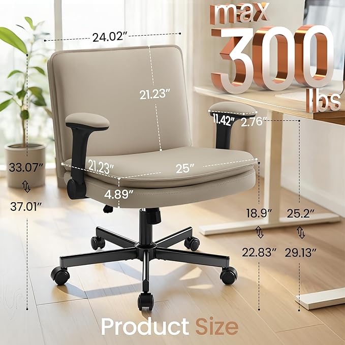 Criss Cross Office Chair with Wheels - PU Leather Wide Criss Cross Desk Chair with Flip-up Arms and Thick Cushion - Comfy Tilting Swivel Rolling Vanity Chair for Home Office Bedroom Apartment