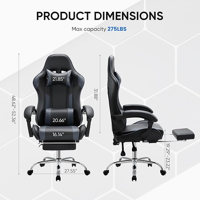 NEWBULIG Computer Gaming Desk Chair - High Back Ergonomic Lumbar Support with Footrest and Headrest, Comfy PU Leather Recliner with Linkage Armrest, Height Adjustable and 360° Swivel, Grey