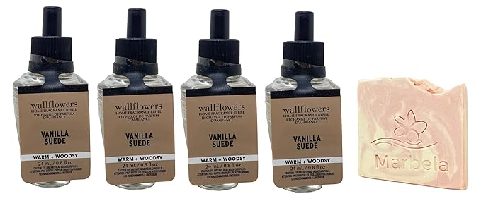 Bath & Body Works Vanilla Suede Wallflowers Fragrance Refill 4 Pack with a Himalayan Salts Springs Sample Soap.