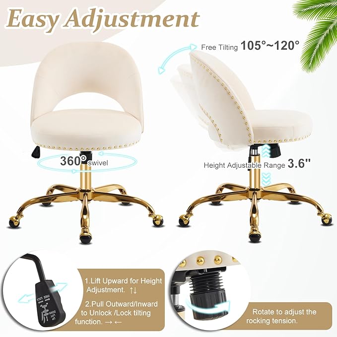 VINGLI Modern Velvet Small Office Chair,Cute Desk Chair with Wheels,Gold Base/Studs, Comfy Armless Swivel Vanity Task Chair for Women/Girl/Kids, Nail Tech Chair for Bedroom,Small Space,Beige