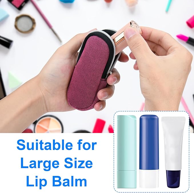 Portable Lip Balm Organizer Case with Keychain, Travel Chapstick Holder Storage Bag, Waterproof Small Cosmetic Organizer, Anti-Lost Lipstick Lip Gloss Sleeve Pouch Keeper Case (Rose Red, Large)