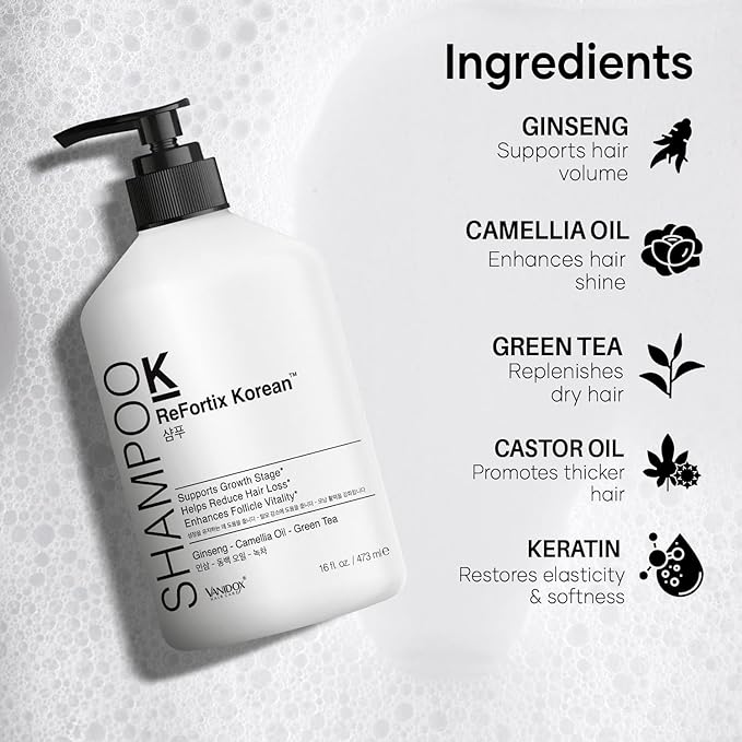 ReFortix Korean Shampoo, Enriched with Ginseng, Green Tea, and Camellia Oil, Supports Growth Stage and Helps Reduce Hair Loss for Stronger Hair (16 fl oz)