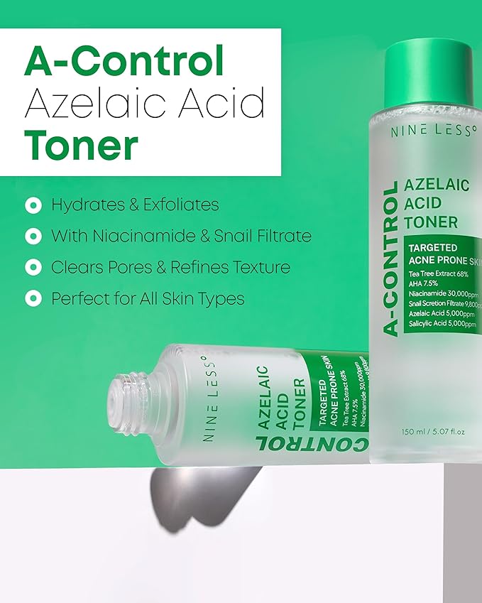 Nineless A-Control Azelaic Acid Toner with AHA & BHA - Pore Refining & Soothing Facial Toner for Acne-Prone Skin - Redness Relief & Dark Spot Corrector, Korean Skincare, 5.07 fl.oz