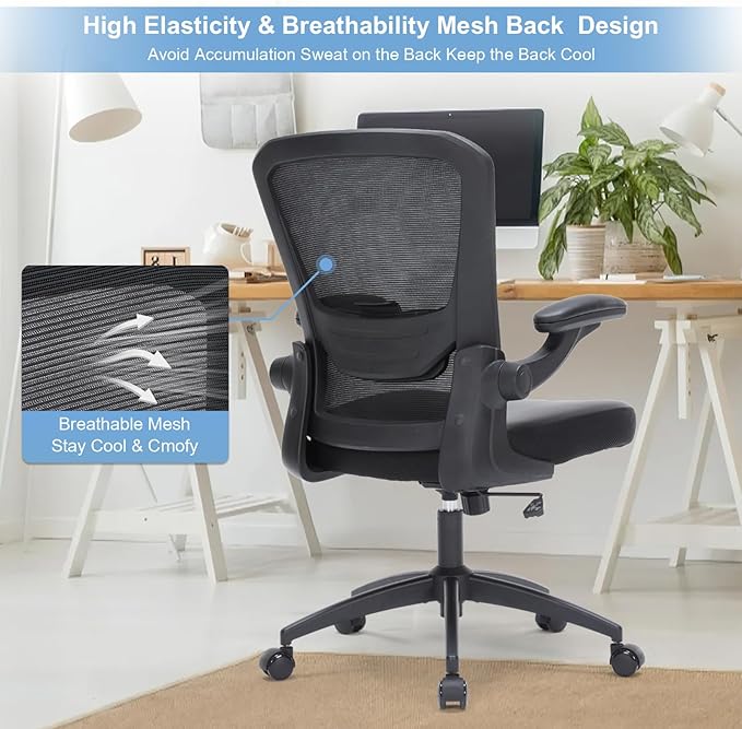 Heavy Duty Office Chair, 400lbs Ergonomic Desk Office Chair for Heavy People, Home Office Desk Chairs with Flip-Up Arms, Executive Computer Desk Chair with Adjustable Seat Height & Lumbar Support