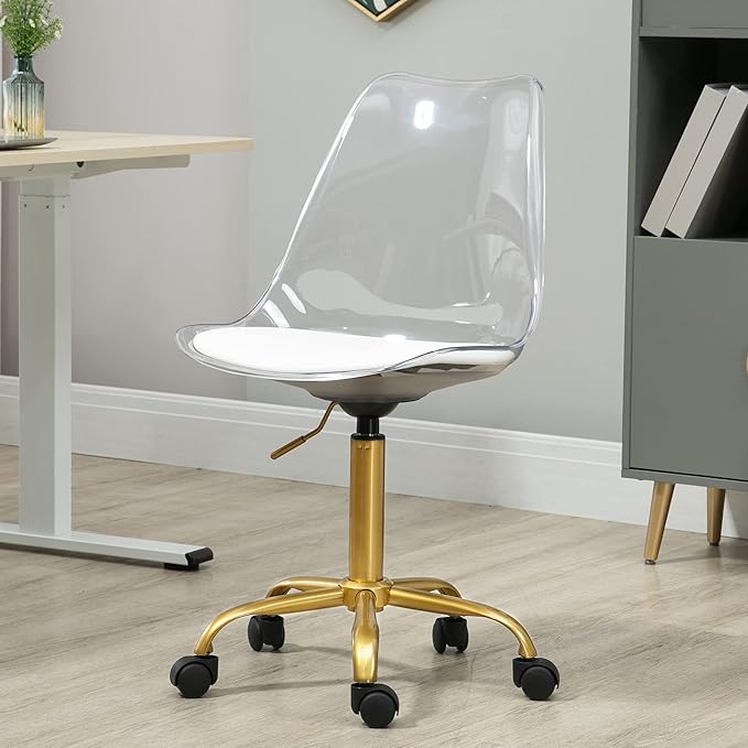 HOMEFUN Clear Desk Chair with Cushion, Armless Acrylic Rolling Chairs with Golden Feet Swivel Height Adjustable Ghost Molded Plastic and Wheels