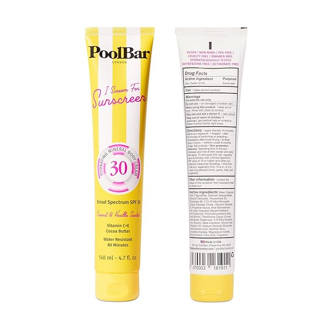 PoolBar SPF 30 Hydrating Mineral Body Sunscreen Cream for Women and Men Skin Care - Coconut Vanilla Scent Sun Care, Vegan and Water Resistant, Broad Spectrum Sunscreen, 140 ml (4.7 Fl. Oz)