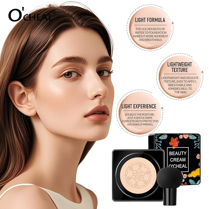 O'CHEAL Mushroom Head Air Cushion CC Cream,BB Cream Foundation Cream for Face Makeup Concealer Cushion for Face Comestics Make Up Long-Lasting Cushion Compact 02#NATURAL