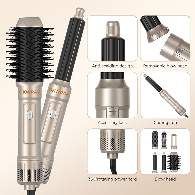 6 in ONE Blow Dryer Brush, Curling Wand Hair Styling Tools Set, Ionic Hot Air Hair Dryer, Massage Oval Hair Dryer, Left&Right Hair Curlers 100-120V